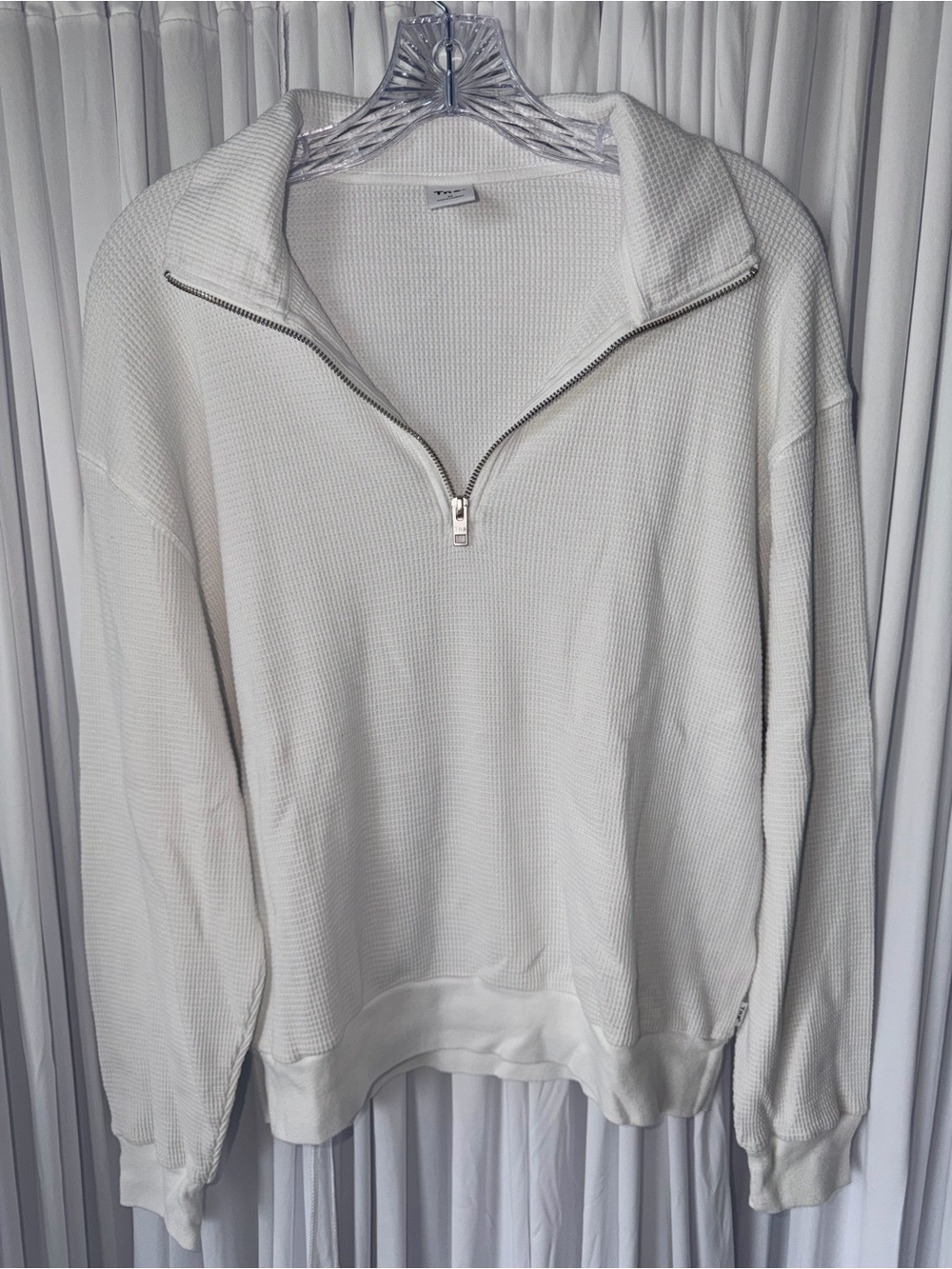 Aritzia White 1/4 Zip Waffle-Knit V-Neck Sweater